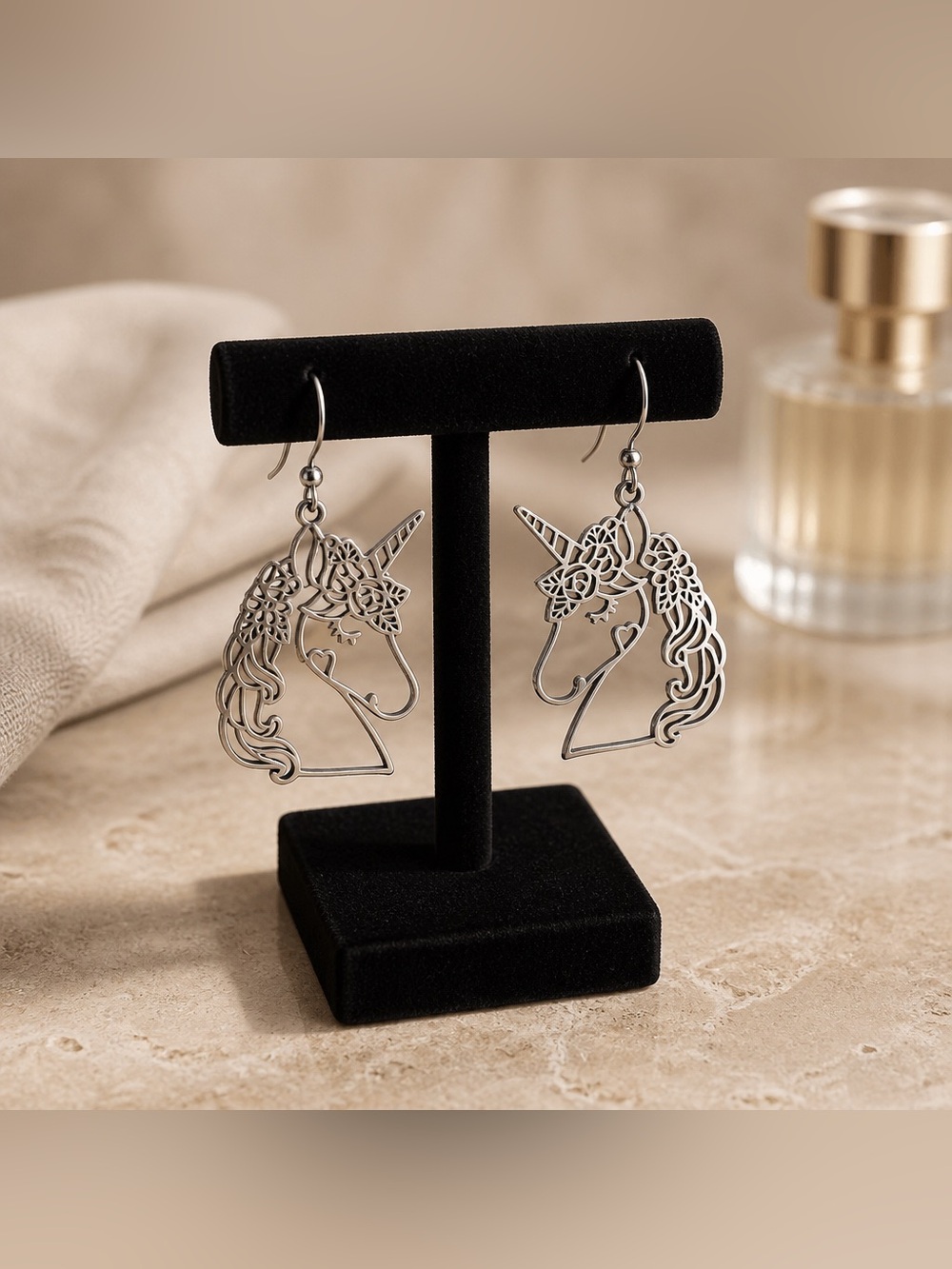 Silver Unicorn Outline Dangle Earrings - Hypoallergenic Hooks
